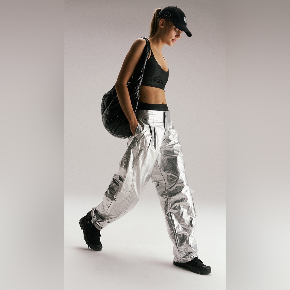 Free People Mesmerize Me Silver Metallic Cargo Pant NWT